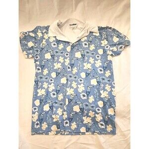 Tipsy Elves Polo Shirt SMALL Blue Tucan Floral Hawaiian Stretch Casual Beach Men